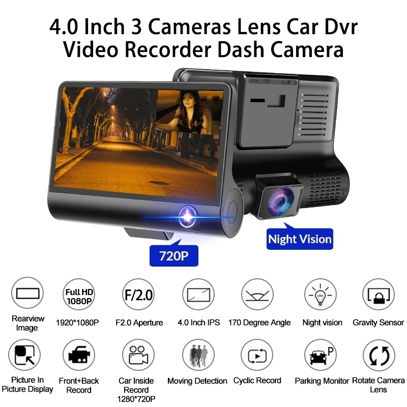 Dash cam 4.0 Inch Dash Car DVR 3 Cameras Lens  Camera Dual Lens Suppor Rearview Camera Video Recorder Auto Registrator