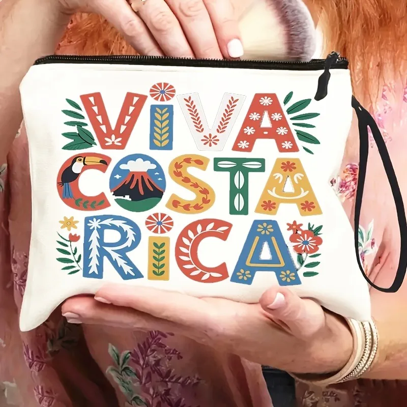 Lightweight Tropical Cosmetic Bag Featuring a Wrist Strap - a Portable Organizer Adorned with a Colorful Floral And Bird Pattern