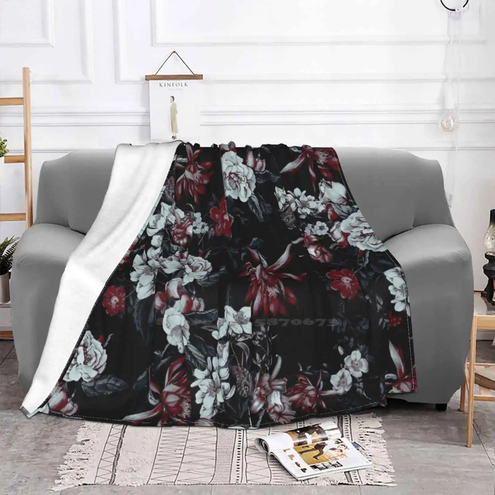 Night Garden Blooms New Selling Custom Print Flannel Soft Blanket Floral Flowers Dark Wallpaper Interiors Design Livingroon