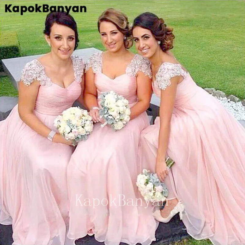 

A-line Chiffon Bridesmaid Dress Lace Applique Cap Sleeves Long Gown Maid of Honer Dress