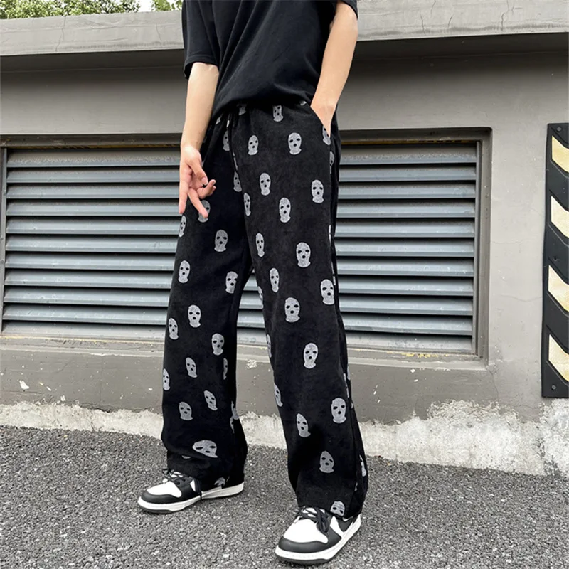 Skull Full Print Drawstring Casual Corduroy Mens Black Baggy Cargo Pants Hip Hop Straight Sweatpants Men Trousers Pantalon Homme