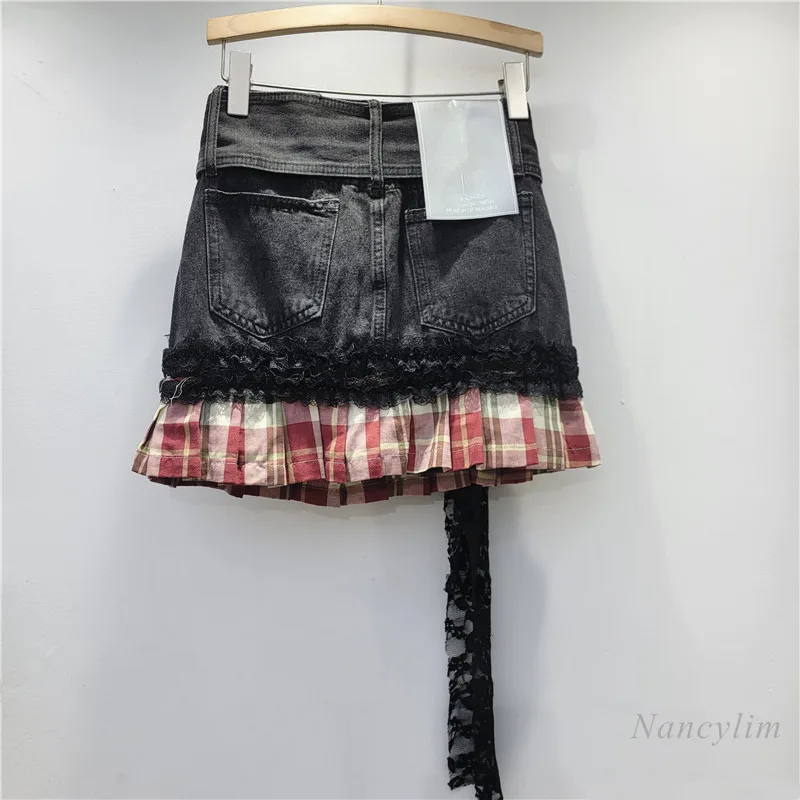 Spice Girl Denim Skirt A-shaped Splicing Red Plaid High Waist Lace Bow Skirt 2025 Spring New Jupe Femme