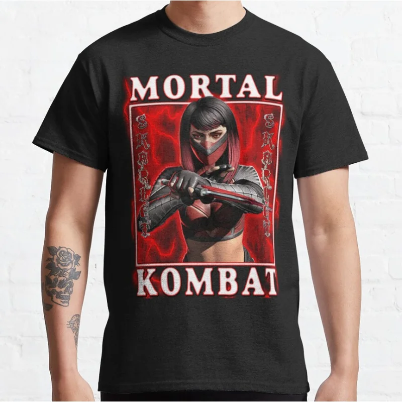 

Skarlet 80s retro video game Mortal Kombat 1 Short-sleeve crewneck T-shirt for men large size Adult Tops S-6xl