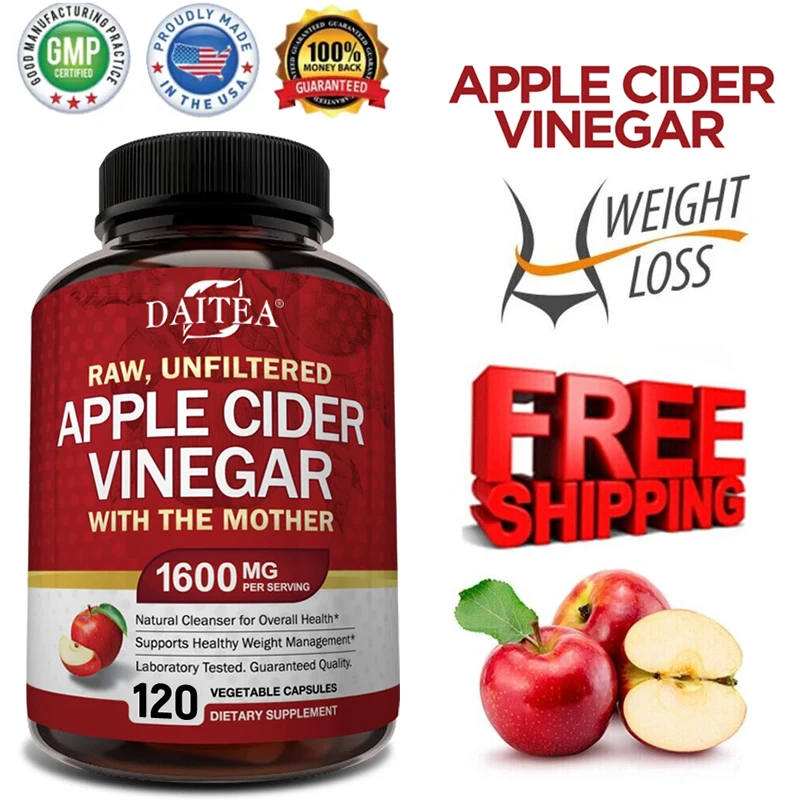 Raw Organic Apple Cider Vinegar (with Mother Vinegar) - Gut Health, Digestion, Weight Management - Natural Vegetarian Capsules