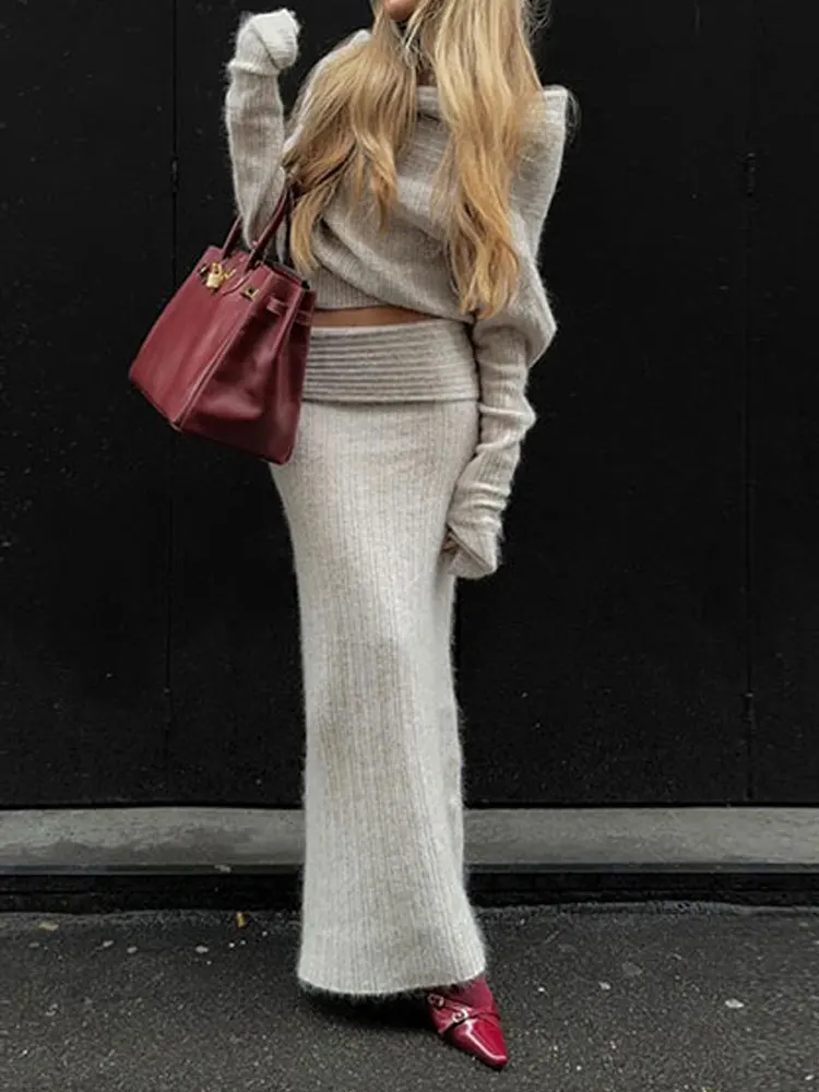 Slash Neck Knitted Sweater Skirt Two Piece Set Women Long Sleeve Knitwear Hip Wrap Skirts Suit 2024 Fashion Lady Commuter Outfit