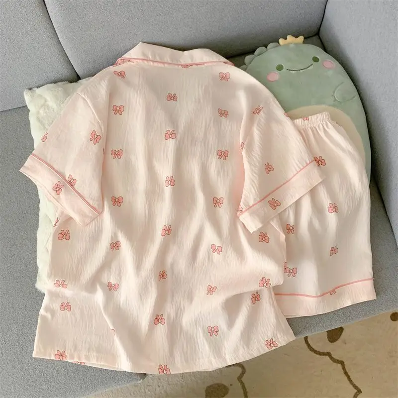 Sweet and Lovely Pajamas for Women in Summer New Short Sleeved Set for Homewear Ladies Pink Bow and Cherry Pattern Sleepwear