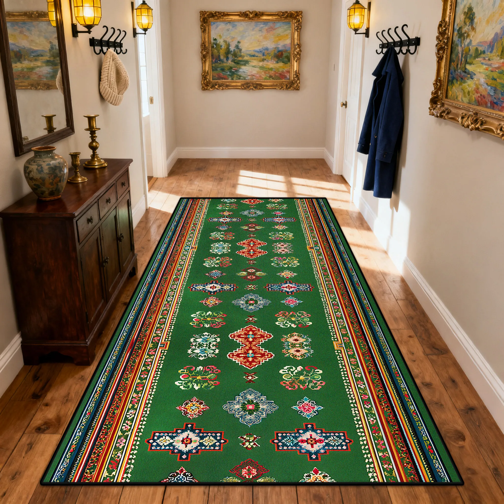 

Богемный ретро зеленый легко чистящийся длинный дорожный ковер, украшение для прихожей, дверной проем, нескользящий ковер, роскошный безворсовый напольный коврик для коридора