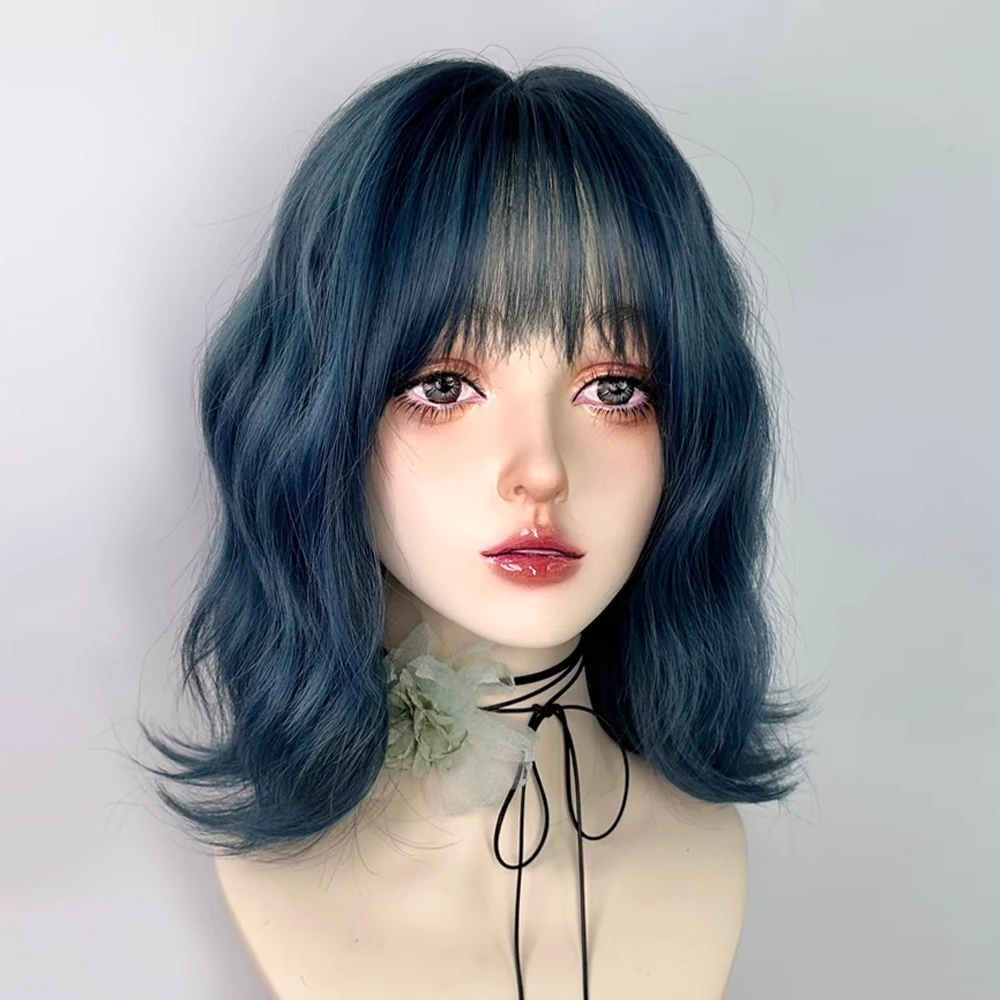 Synthetic Short Wavy Blue Wigs with Bangs Natural Fluffy Women Lolita Cosplay Hair Wig for Daily Party