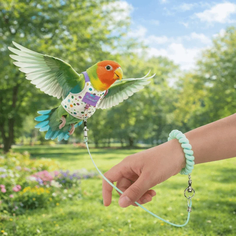 Arnés de vuelo para loros a prueba de escape, transpirable, anti-mordeduras, traje de vuelo para pájaros con estampado de lunares, correa para paseo de aves