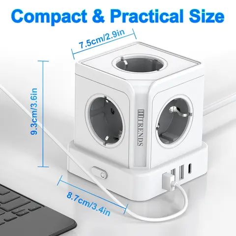 EU-kontakt Tower-eluttag med 5 AC-uttag, 3 USB, 1 Typ C och switch, flera uttag med överspänningsskydd för hemmet 10 best sales skrivbordsuttag - №6