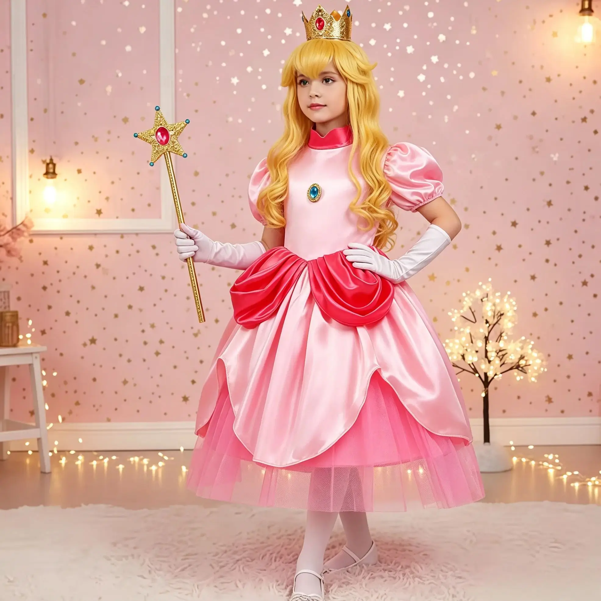 New Movie Plumber Bros Game Role Playing Girls Peach Princess Dress With Accessories For Halloween Carnival Cosplay Party Dress