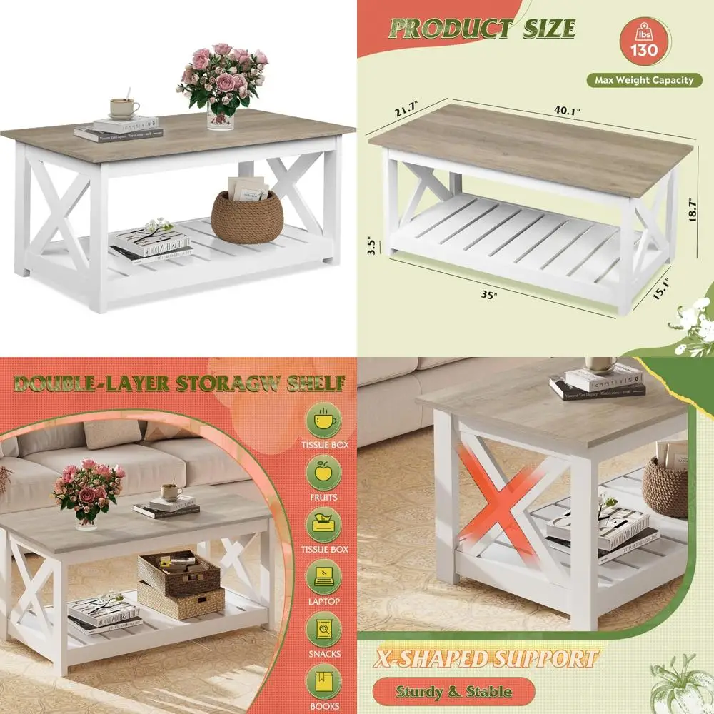 

Two-Tier Slatted Storage Shelf Farmhouse Coffee Table with X-Frame Design for Living Room