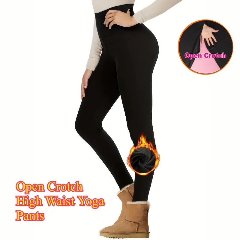Women Crotch Opening Leggings Elastic Fleece Lined Yoga Pants Long Style Autumn Winter Warm Slimming Tummy Control Bottoms Soft