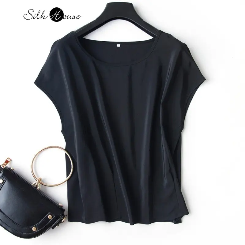 

2023 Spring/Summer Black Temperament Solid Silk Short Women's Top Silk Crepe De Chine Short Sleeve Blouse