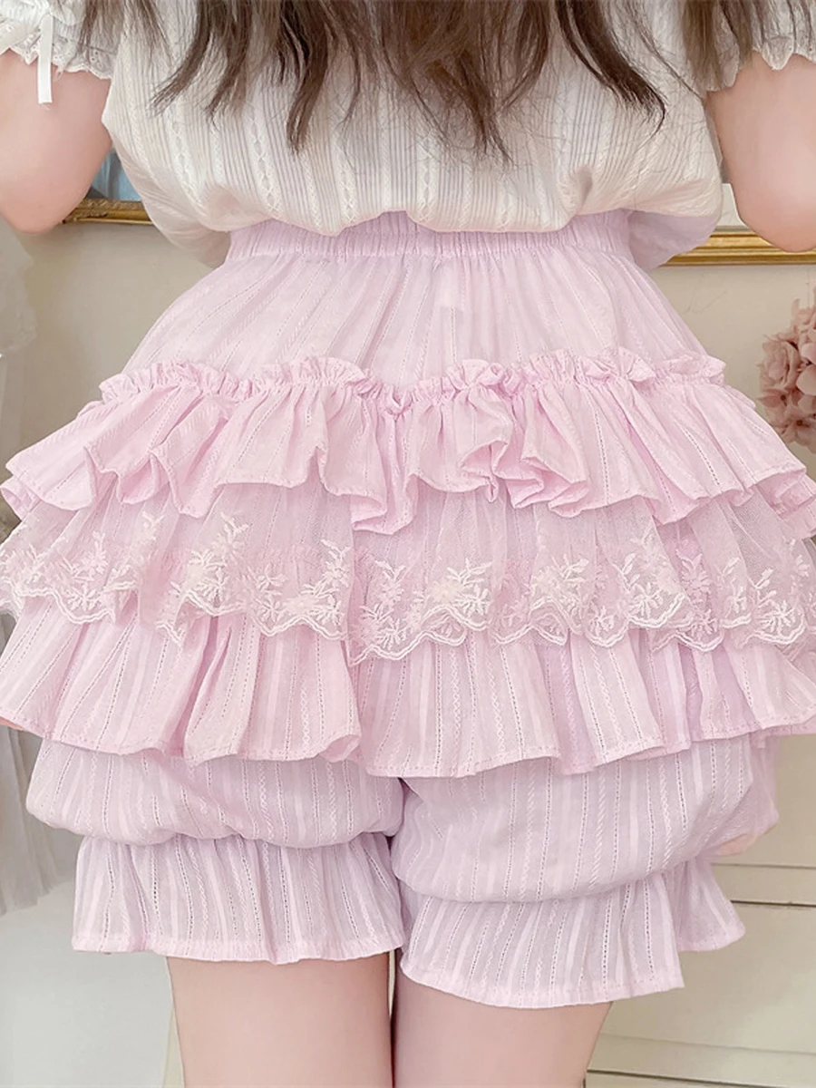 Chic Women’s Multi Layer Lace Trim Ruffle Shorts High Waist Solid Color Bow Bloomers Pajama Sweety Lolita Bottoms Pajama Bottoms