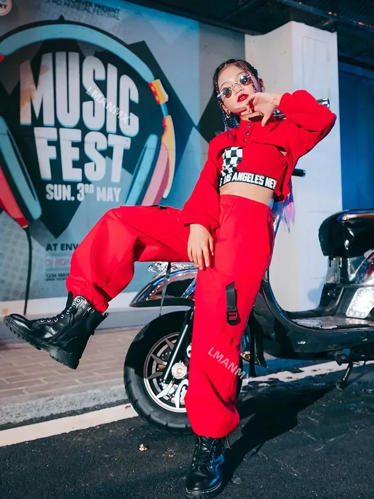 Hip-hop Jazz Dance Wear Kids Show Pant Suit K-pop Stage Outfits Urban Dance Girl Clothes 3 Pcs Red Black White Costumes