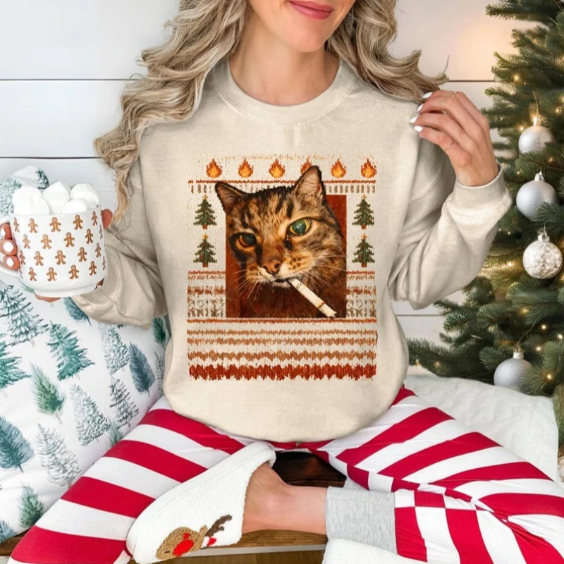 เสื้อสเวตเชิ้ตลายแมวสูบบุหรี่ตลกๆ สำหรับคริสต์มาส, เสื้อสเวตเตอร์ลายตลก, ของขวัญคริสต์มาสสำหรับคนรักแมว ใส่กันหนาวในฤดูหนาว แฟชั่นสตรีทแวร์ เสื้อฮู้ดดี้