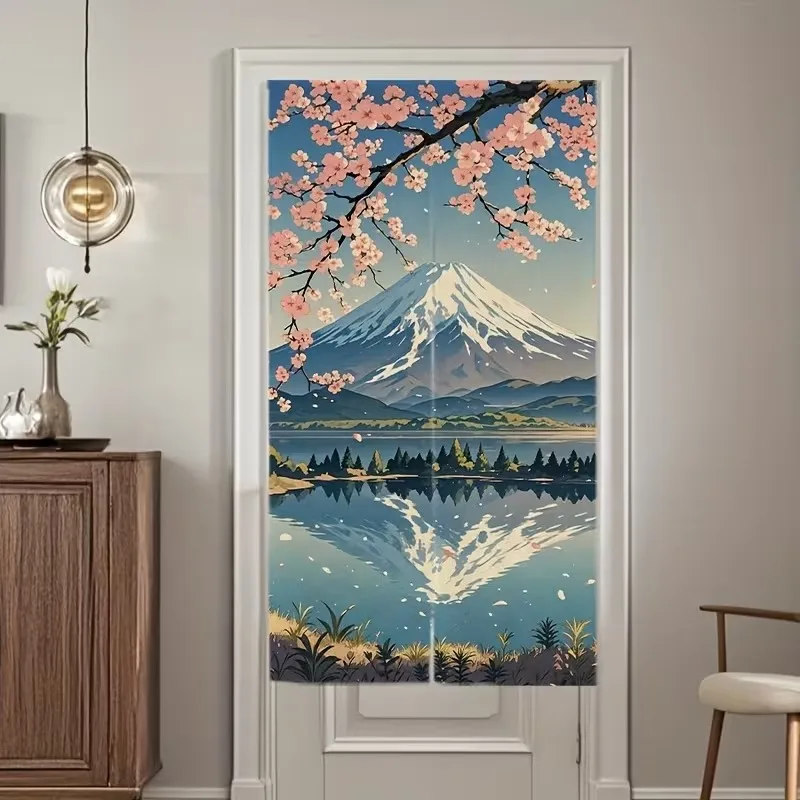 VIKAMA Mount Fuji Cherry Blossom Half-Door Curtain, Dust-Proof Room Divider, Kitchen and Entryway Privacy Curtain, Home Decor