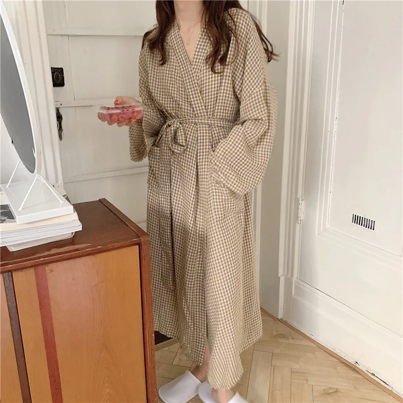 Vintage Plaid Cotton Women\'S Dress Casual Loose Long Sleeve Bandage Lace Up Female Dress Pajama Robe Homewear