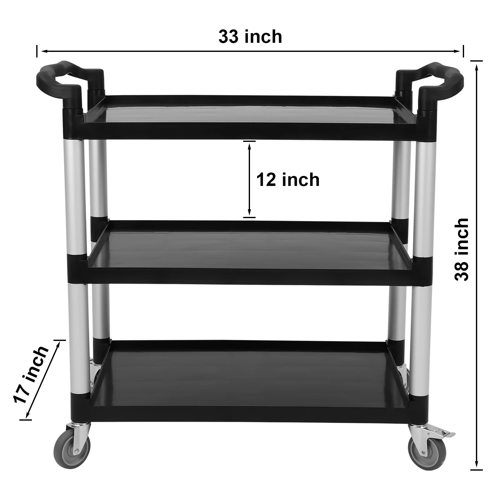 Service Cart Heavy Duty 3-Shelf Rolling Utility Cart with Lockable Wheels, 360 lbs. Capacity for Foodservice/Restaurant