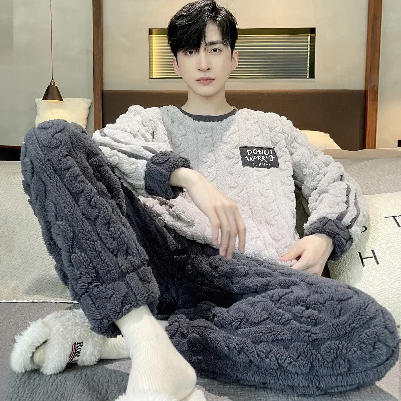 Pajama Coral Velvet Autumn and Winter with Velvet Thickened Flannel Winter Homewear Set Cosy Thermal Pajamas Both Men Women