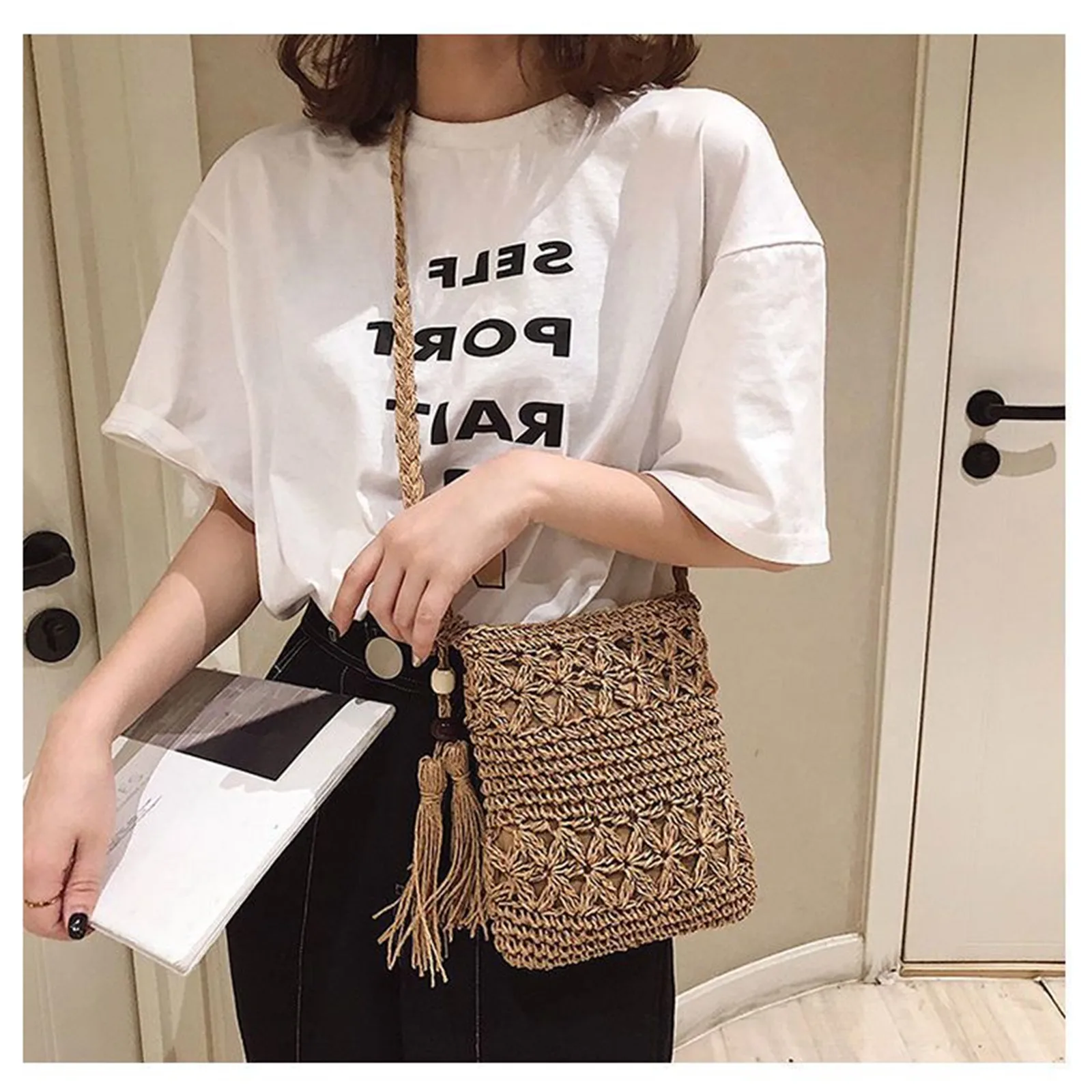 Hand-Woven Shoulder Bag Versatile Literary And Artistic Hollow Tassel Cross-Body Bag, Personalized Fashion Design Tellphone Bag