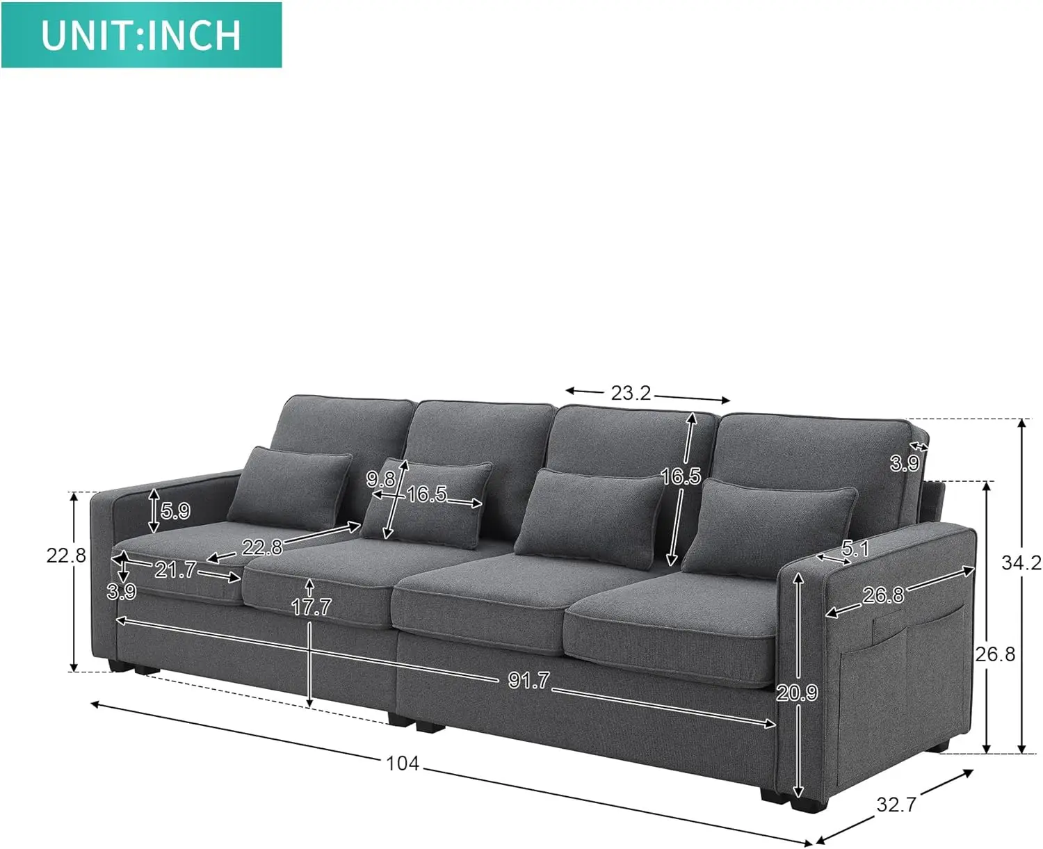 I Shaped Sectional Sofa Couch for Living Room, 4 Seater Modular Couch with Side Storage Pocket,Removable Cushions & Pillows