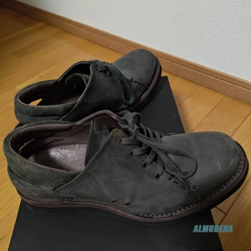 

Dark Grey Lace-Up Casual Leather Shoes Men's Round Toe Low Heel Retro Style Outdoor Daily Hollow-Out Heel Shoes