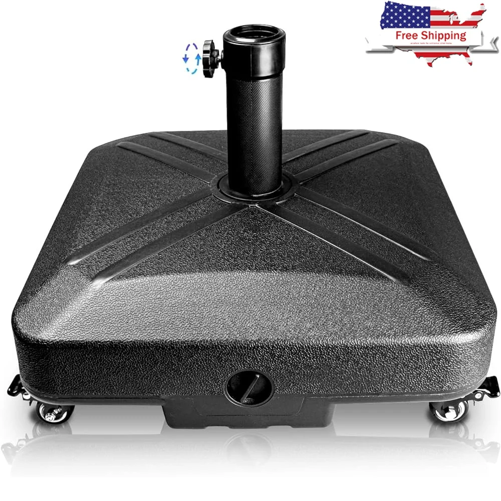 

Patio Umbrella Base with Wheels Heavy Duty Square Stand Stability Locks Compatible with 6-10FT Umbrellas