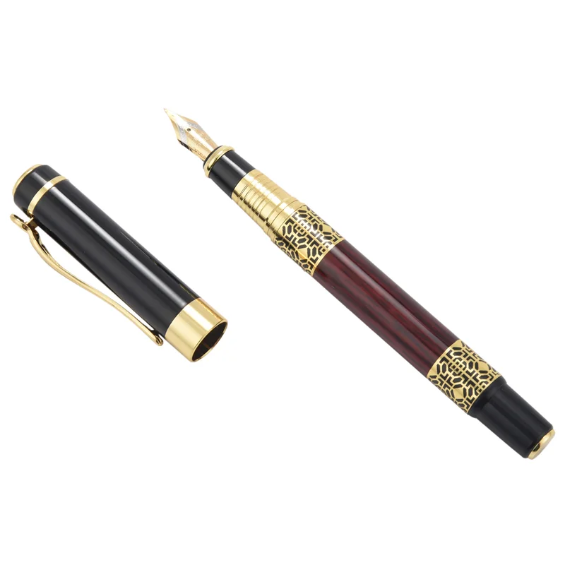 

3X Chinese Classical Fountain Pen Golden Metal Wood Signature Pen For Office Business Signature School Student Gift
