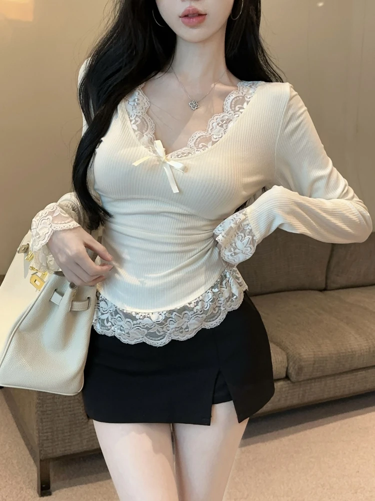 Long Sleeve T-shirts Women Lace Patchwork Designed Aesthetic Clothing Sweet Sexy Girl Y2k Top Skinny Spring Autumn Basic Ins