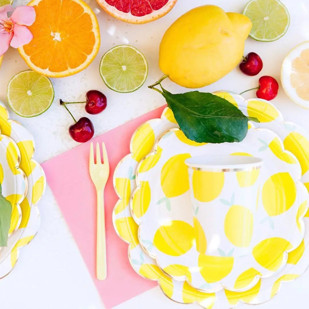 1set Lemon Themed Disposable Tableware Paper Straw/Cups/Banner for Lemon Themed Summer Pool Birthday Party Decorations