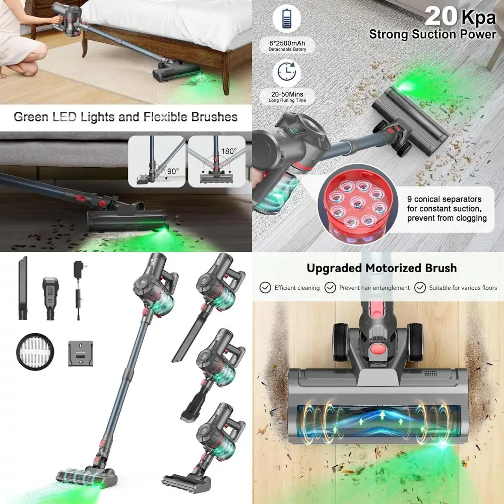 Portable Cordless Vacuum: 45-Minute Runtime, LED Lights, 6-in-1 Pet & Carpet Cleaner