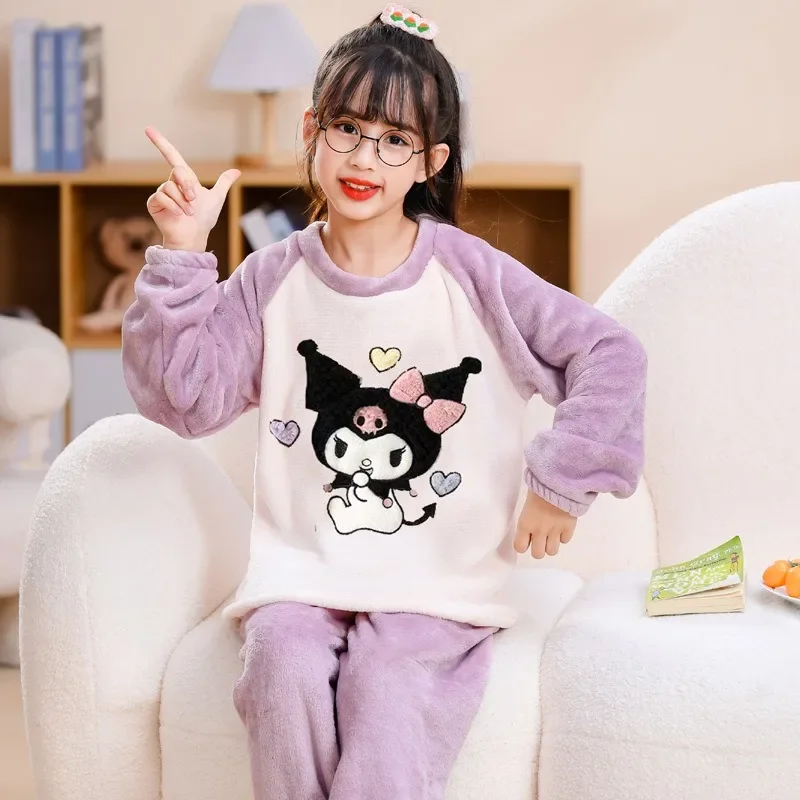 Sanrio Kuromi Cinnamoroll Winter Dikker Kinderen Pyjama Set Flanel Lange Mouw Broek Plus Jongens en Meisjes Thuis Pyjama