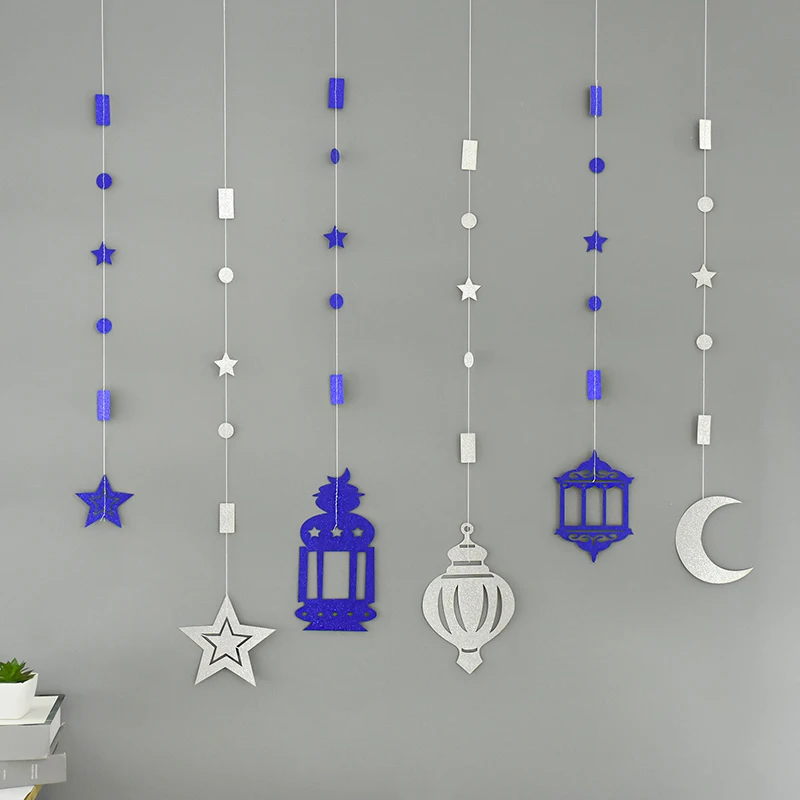 EID Mubarak Swirl Banner Star Moon Ceiling Hanging Ornament Ramadan Kareem Decoration for Home 2024 Islam Muslim Party Supplies