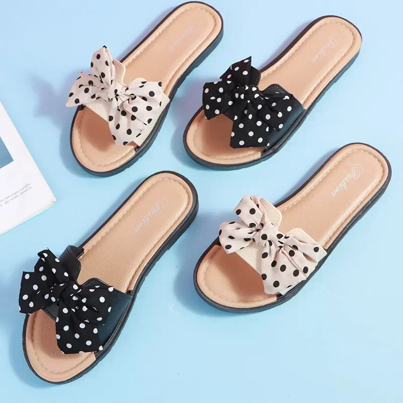 2024 Women Slippers Female Summer New Wave Dot Bow Knot Flip Flops Ladies Indoor and Outdoor Wear Beach Fashionable Sandals