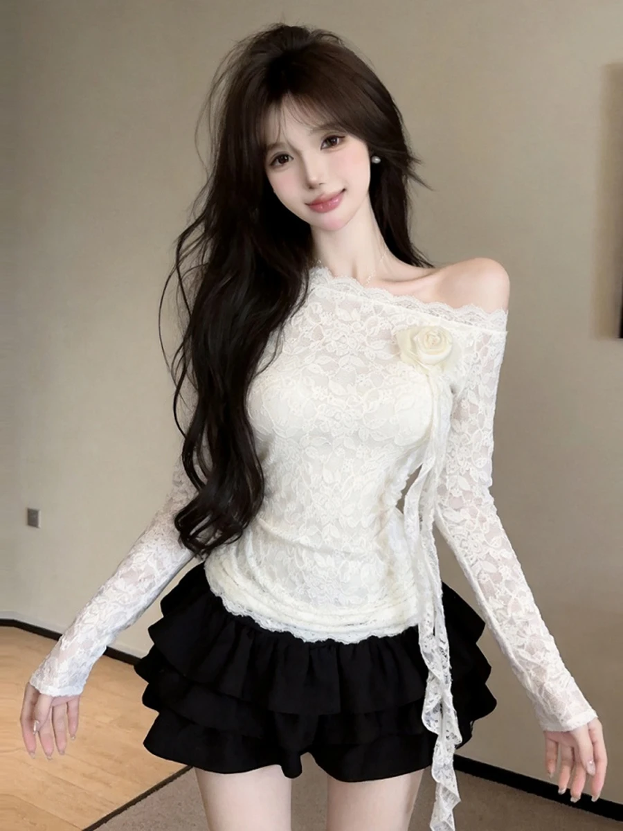 Slim Fit Long Sleeve Lace Trim Splicing 3D Flower Sash Women's Base Top Gentle Retro Small Audience Floral Print Polyester