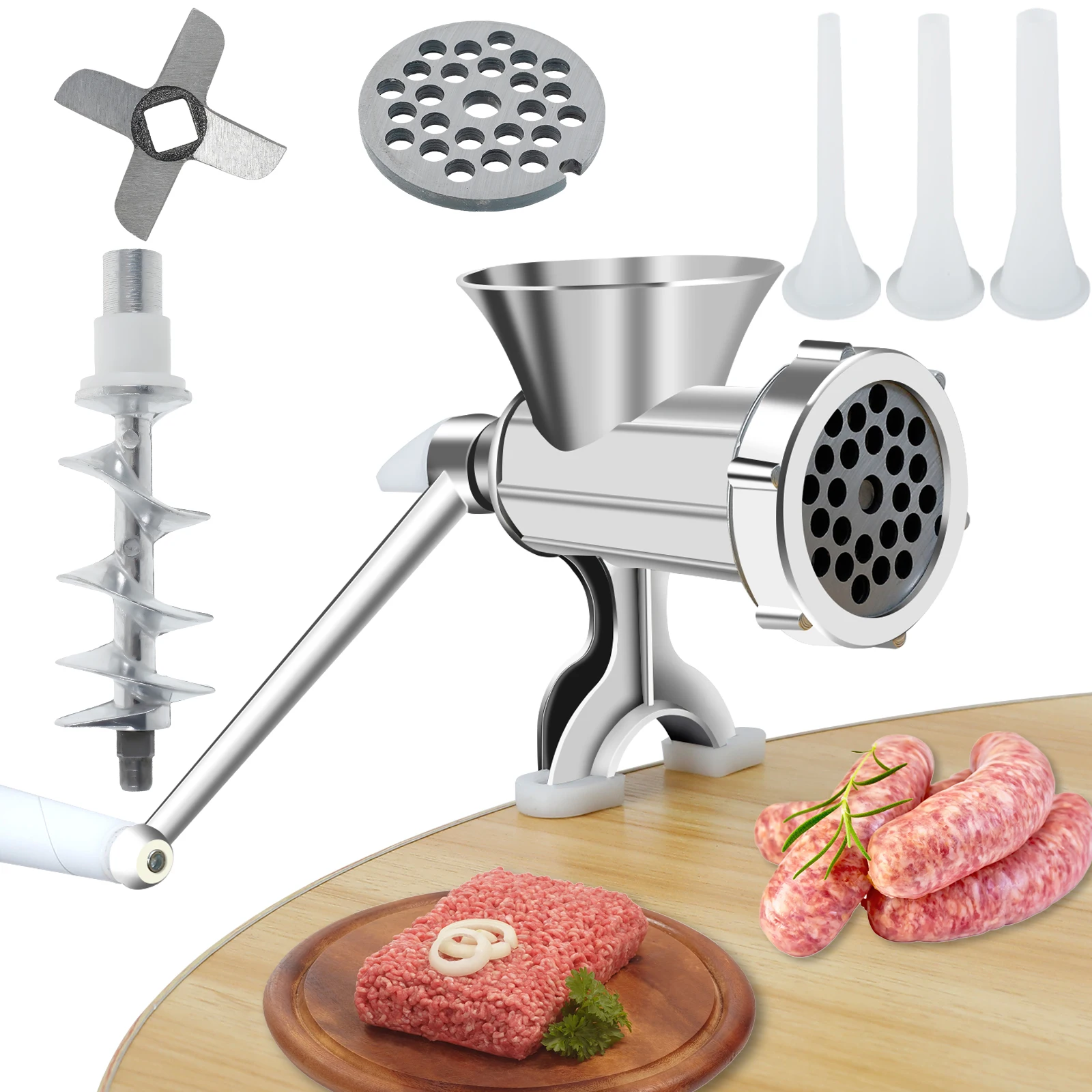 Manual Meat Grinder with Handle Meat Crank Rustproof Meat Grinder Sausage Maker Table Mount Pork Mincer with 3 Sausage Maker