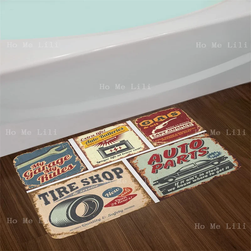 Vintage Car Signs Advertising Repair Vehicle Garage Classics Servicing Flannel Floor Rugs License Plates Travel Vacation