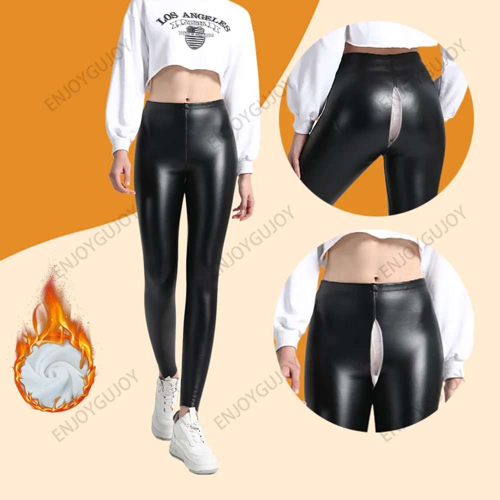 

Seamless Tight Leather Pants for Female, Invisible Crotch, Plus Fleece, Thickened Buttock Lift, PU Warm Elastic Leggings, Outdoo