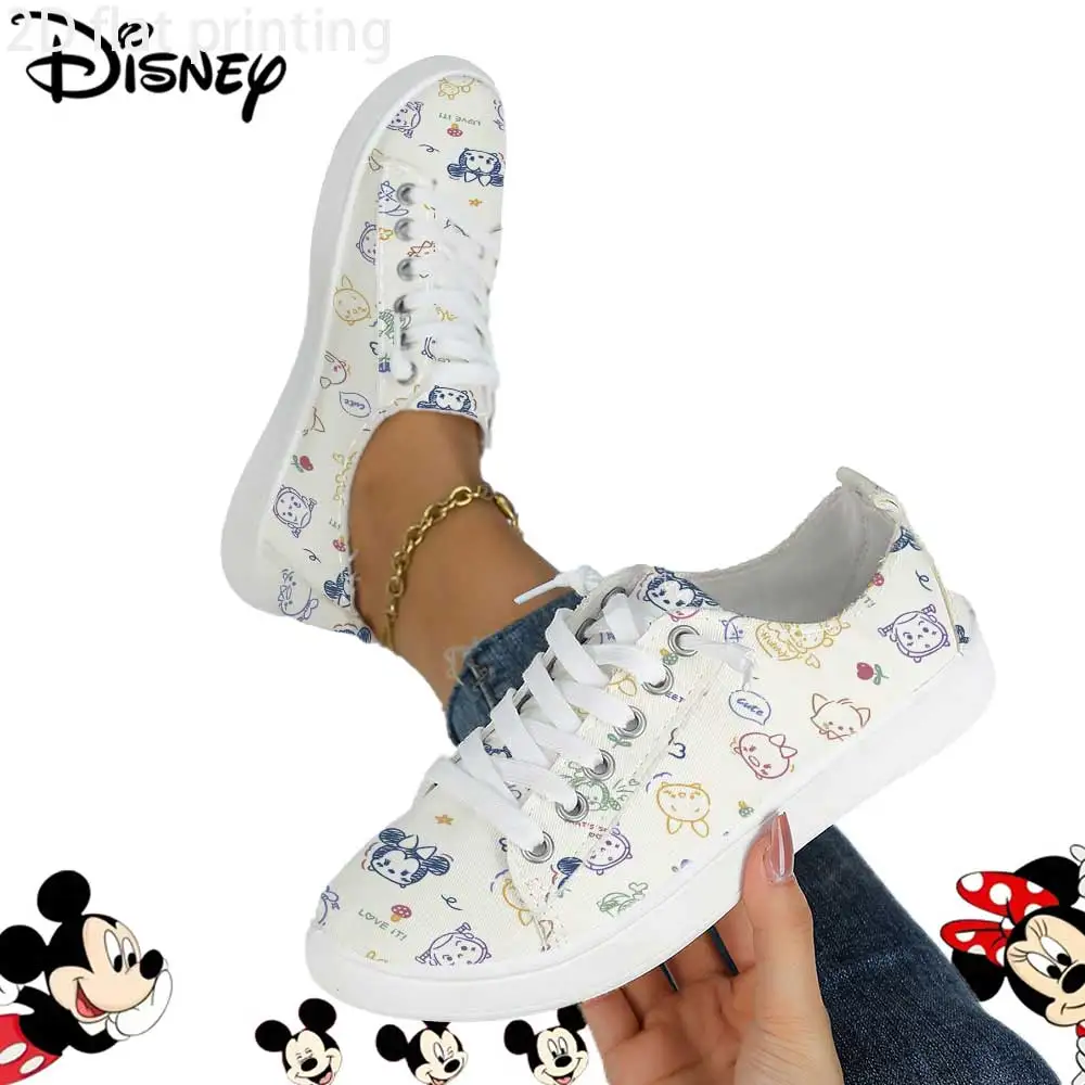 

Disney Cute Cartoon Characters Doodle Print Casual Sneakers – Lightweight Lace-Up Shoes for Women