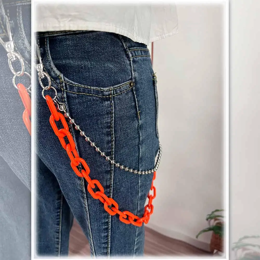 Popular fluorescente mujeres hombres ropa de plástico decoración cinturones de plástico pantalones cadenas estilo Punk cadenas de cintura doble capa
