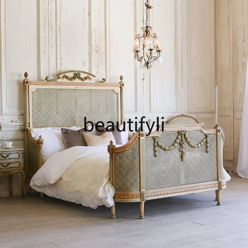 

French Retro Solid Wood Rattan Woven Vintage Bedroom Double Bed Carved Palace Rattan Art Luxurious Princess Bed