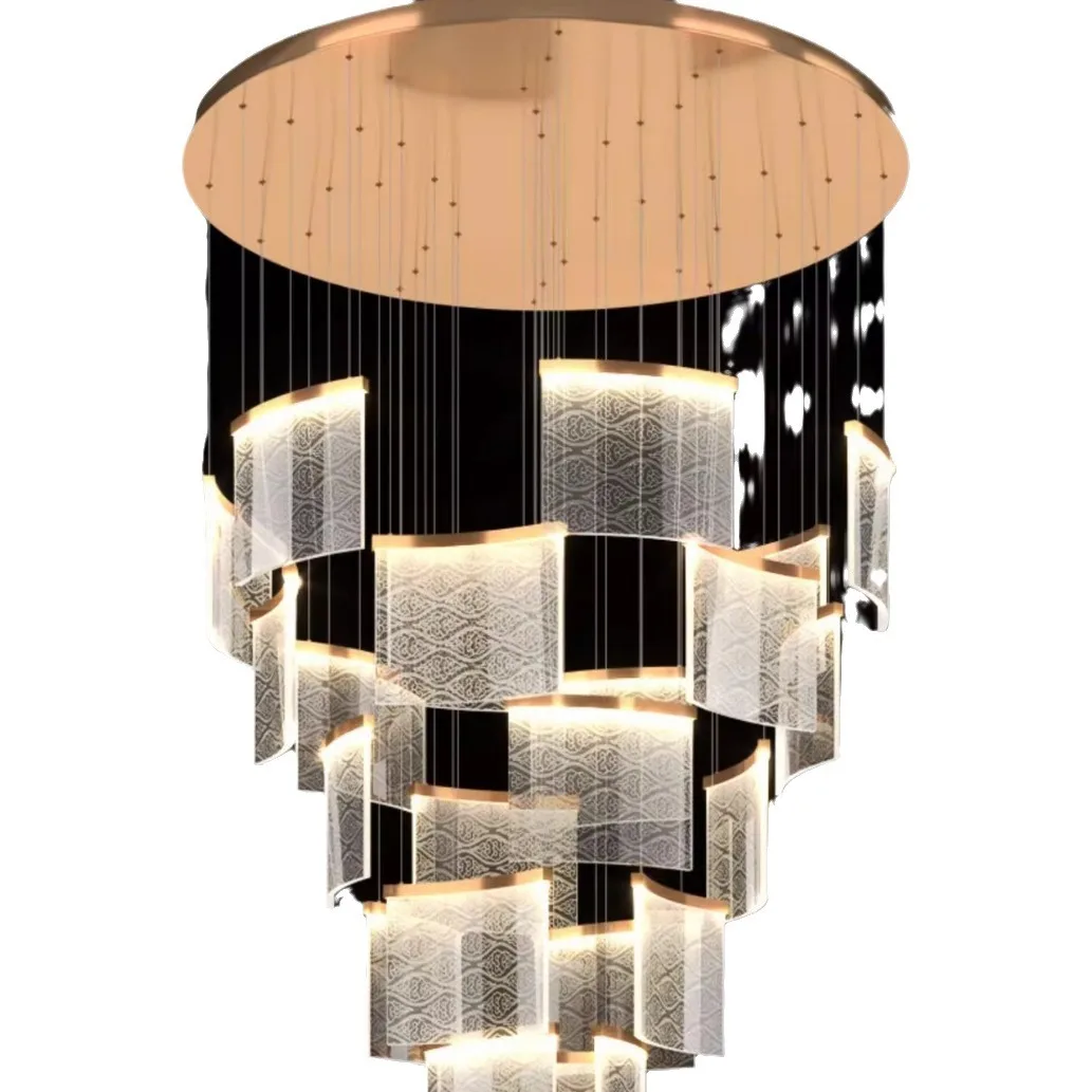 

High-end, living room, duplex building, villa, chandelier, stairwell, rotating, empty, light luxury