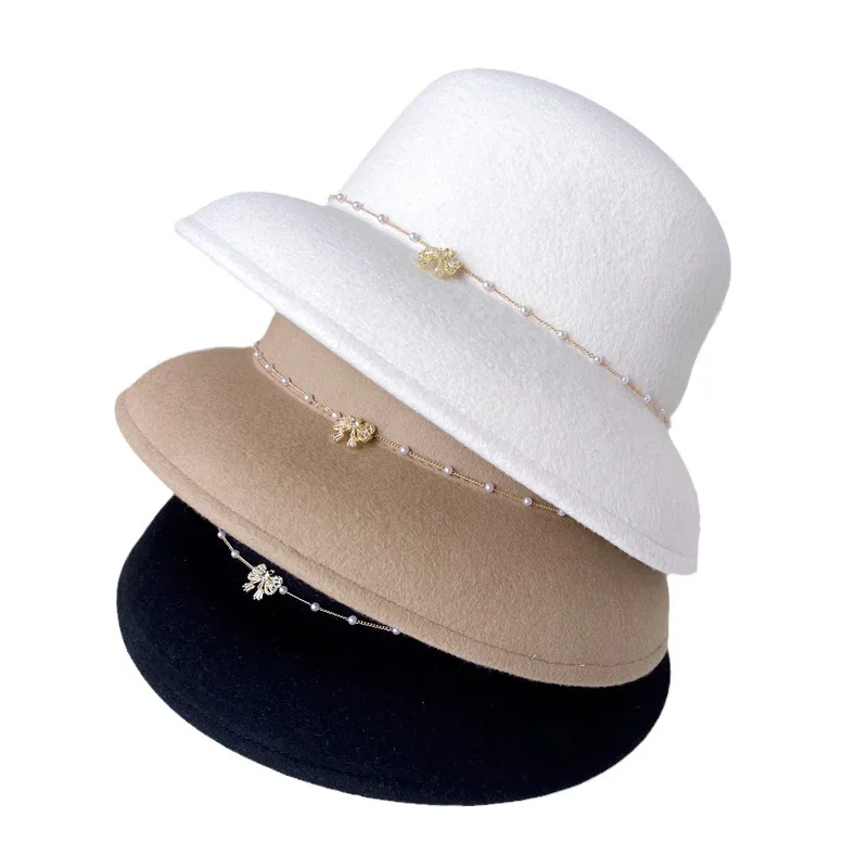 Light luxury pearl zircon bow chain lampshade hat High quality Australian wool top hat felt hat Fashion French banquet basin hat