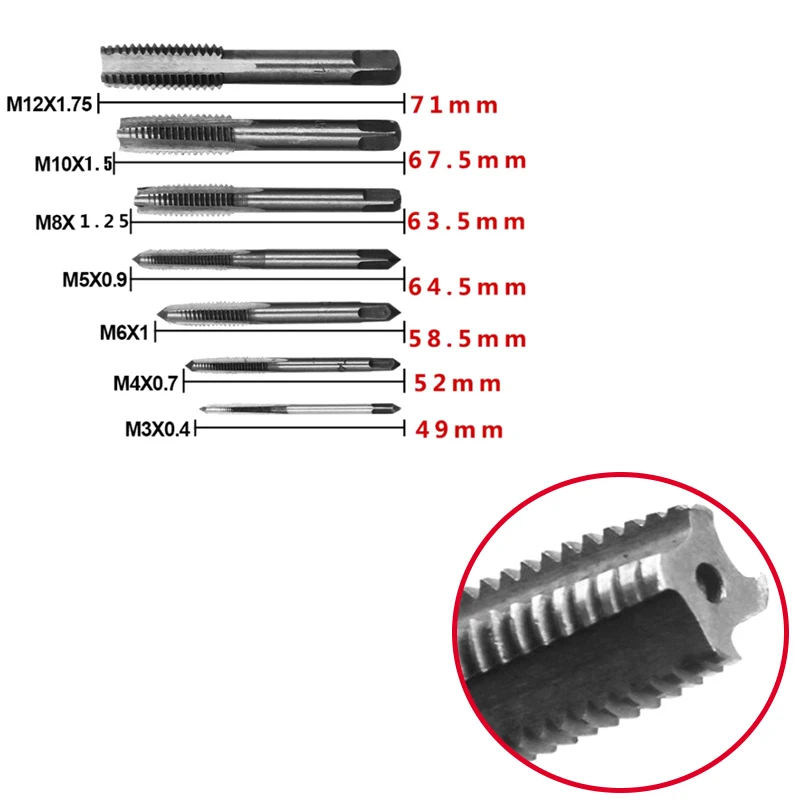 7pcs Male Thread Tap Set Metal Meters Drill Bit M3 M4 M5 M6 M8 M10 M12 Metric Impact Thread Plug Tap Mechanical Workshop Tools