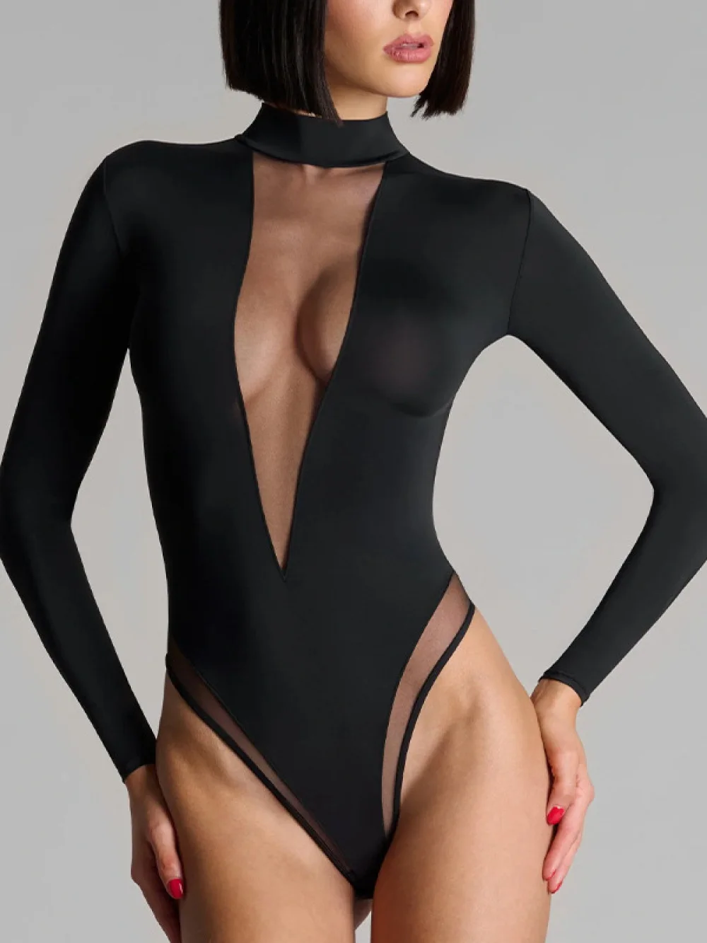 春夏新作セクシーディープVボディスーツ、シアーメッシュパッチワークロングスリーブ、ホットガールアウターウェア＆レイヤリングトップピュアディザイアニッチ