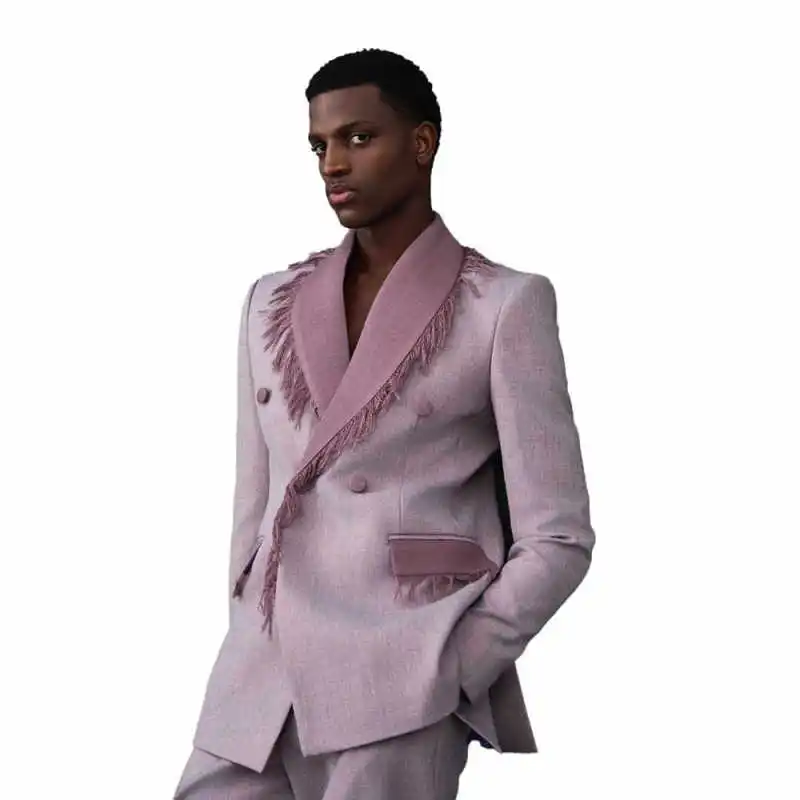 Fashion Men Suits 2 Pieces Jacket Pants Double Breasted Shawl Lapel With Burrs Groom Wedding Tuxedos Custom Made