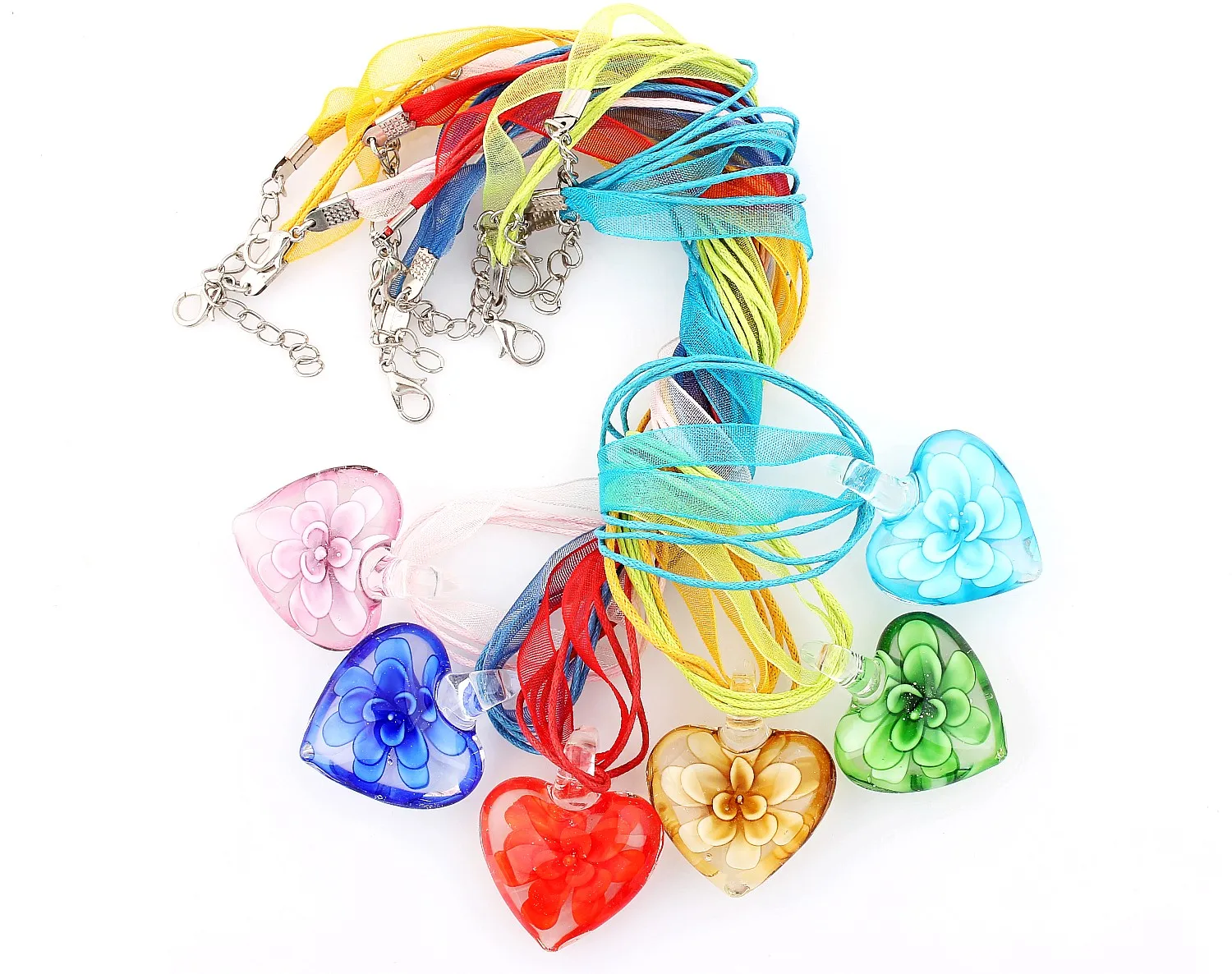 Fashion Wholesale lots 6pcs Handmade Murano Lampwork Glass Mixed Color Inside Rose Flower Pendants Silk Cords Necklace New