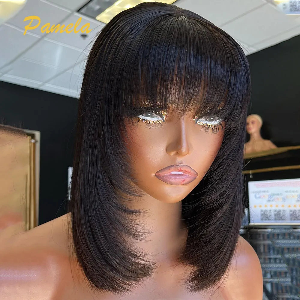 

Pixie Cut Short Glueless Wig Human Hair Ready To Wear 250% Density Bone Straight Bob 13x4 Transparent Lace Front Wig With Bang